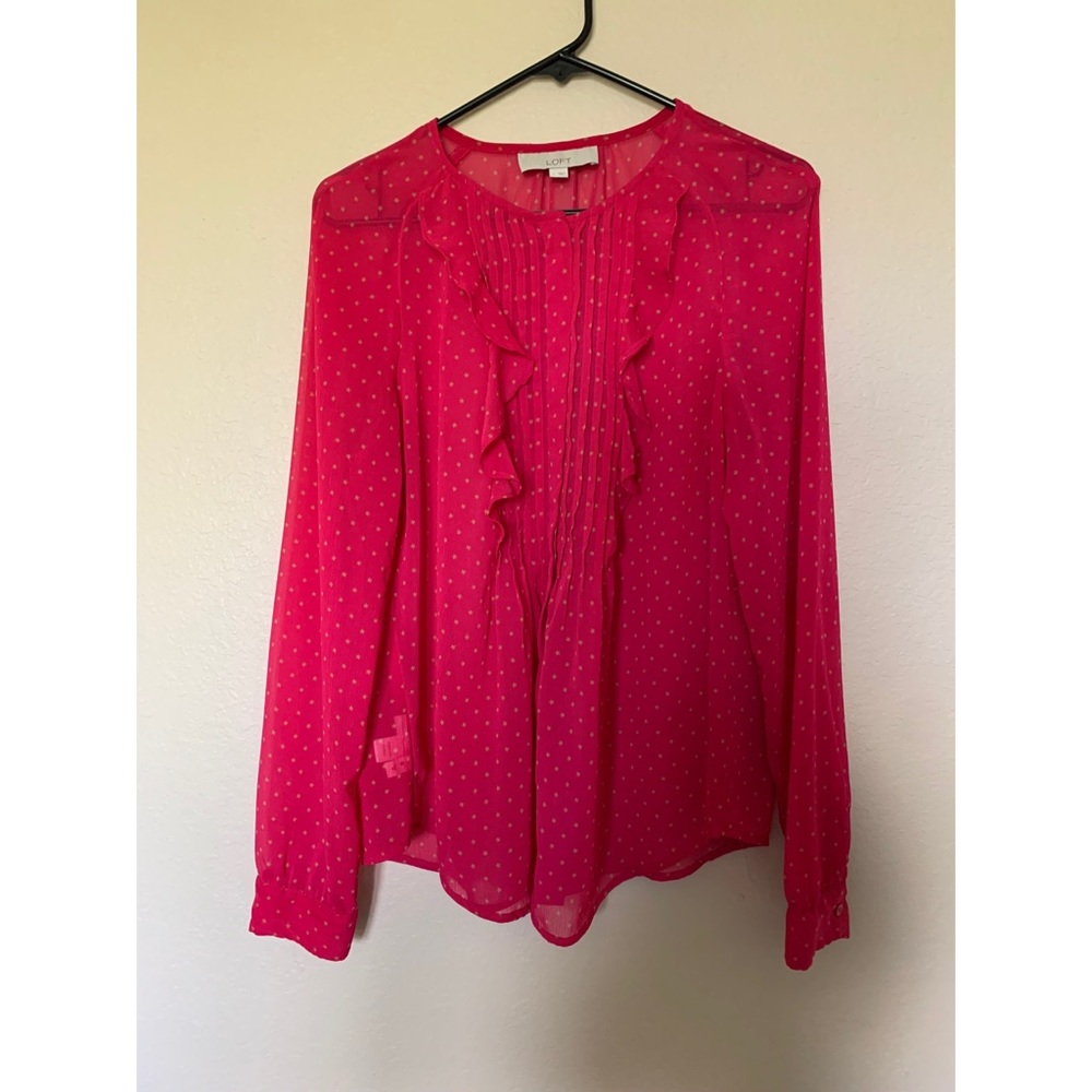 LOFT Ann Taylor Fuschia ruffle sheer Blouse Large
